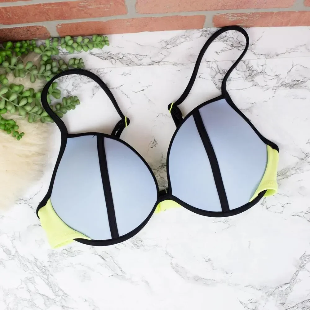 Victoria's Secret Colorblock Fabulous Top Blue/Gray Neon Yellow Bikini Top 34D - Picture 2 of 4